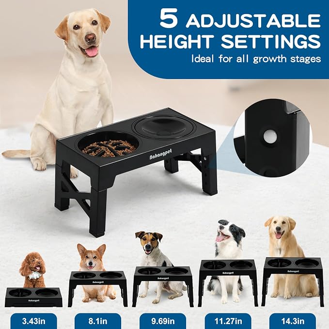 2-in-1 Elevated Slow Feeder Dog Bowls for Food and Water, 5 Heights Adjustable Raised Dog Bowls, Non-Slip, No Spill, for Small Medium Large Dogs and Cats(Black) - Image 2