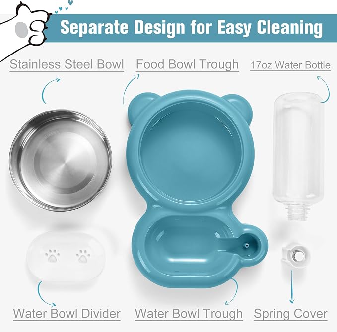 Dog Bowls, Cat Food and Water Bowl Set with Water Dispenser and Stainless Steel Bowl for Cats and Small Dogs - Blue - Image 3