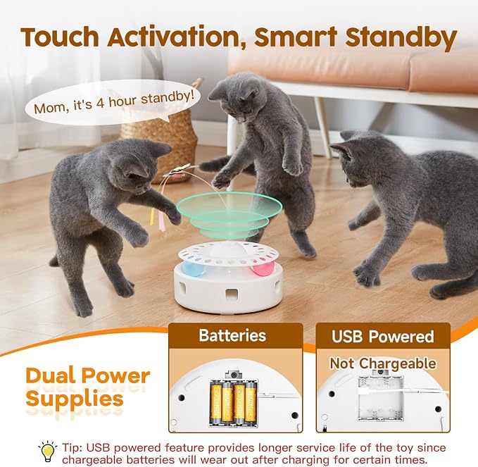 Potaroma Cat Toys 3in1 Automatic Interactive Kitten Toy, Fluttering Butterfly, Moving Feather, Track Balls, Dual Power Supplies, USB Powered, Indoor Exercise Kicker (Bright White) | Fluttering Butterfly, Moving Feather, Balls, Dual Power Supplies, USB ... - Image 6