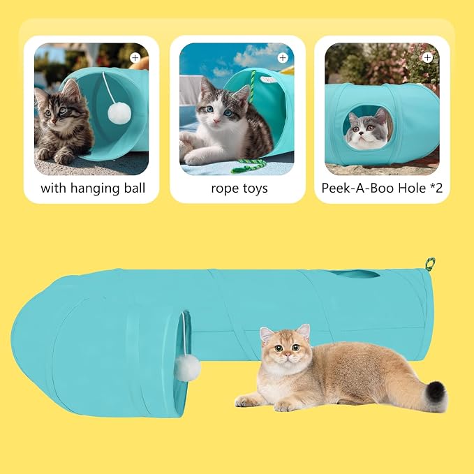 Cat Tunnel, 2-Way Collapsible Cat Tube with Interactive Peek-A-Boo Hole, Toy Ball, and Rope – Ideal for Indoor Cats, Kittens, and Rabbits (Light Blue) - Image 3