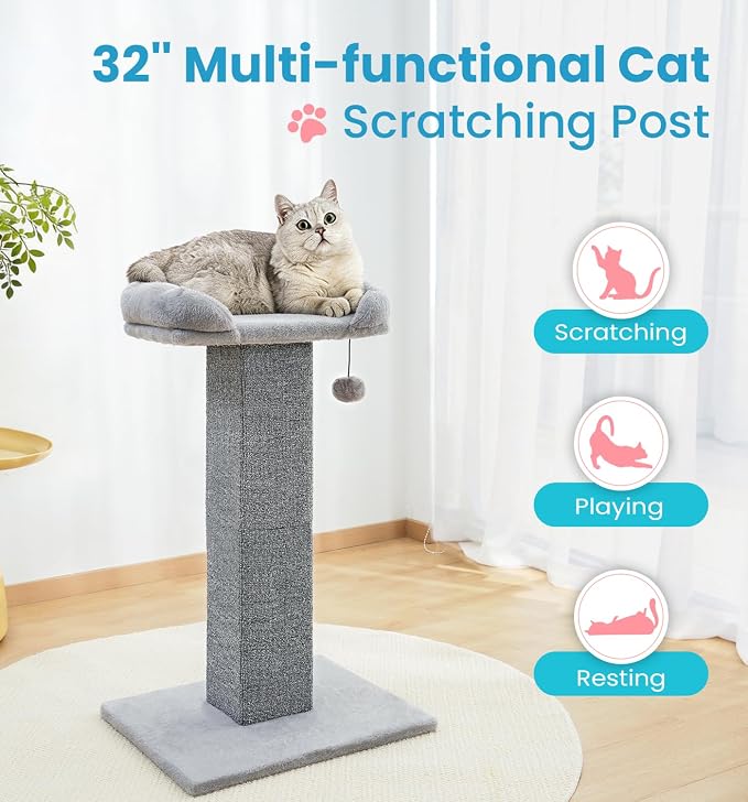 Made4Pets 32" Carpet Cat Scratching Post with Bed for Indoor Cats, Grey | Carpet Cat Scratcher, Raised Perch with Removable Washable Cover, Wide Base, Hanging Ball, Compact Indoor Design - Image 2