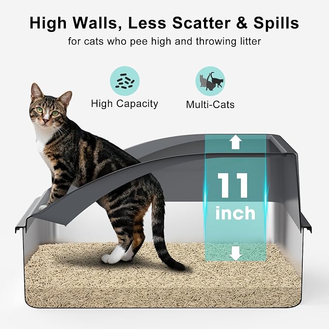 AIPERRO Stainless Steel Litter Box | XL Metal Cat Litter Boxs with Lid | High Sided Litter Box for Big Cats | Anti-Urine Leakage | Non-Stick, Easy to Clean & Odor‑Resistant with Cat Litter Scoop - Image 2