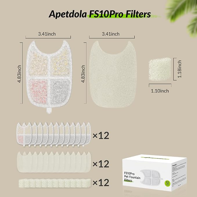 Cat Water Fountain Filter,12 Pack FS10PRO Cat Fountain Filter Replacement, 12 PCS Filters & 12 PCS Sponge Set for Stainless Steel Cat Dispenser,6 Layer Filters for Pet Fountain - Image 7
