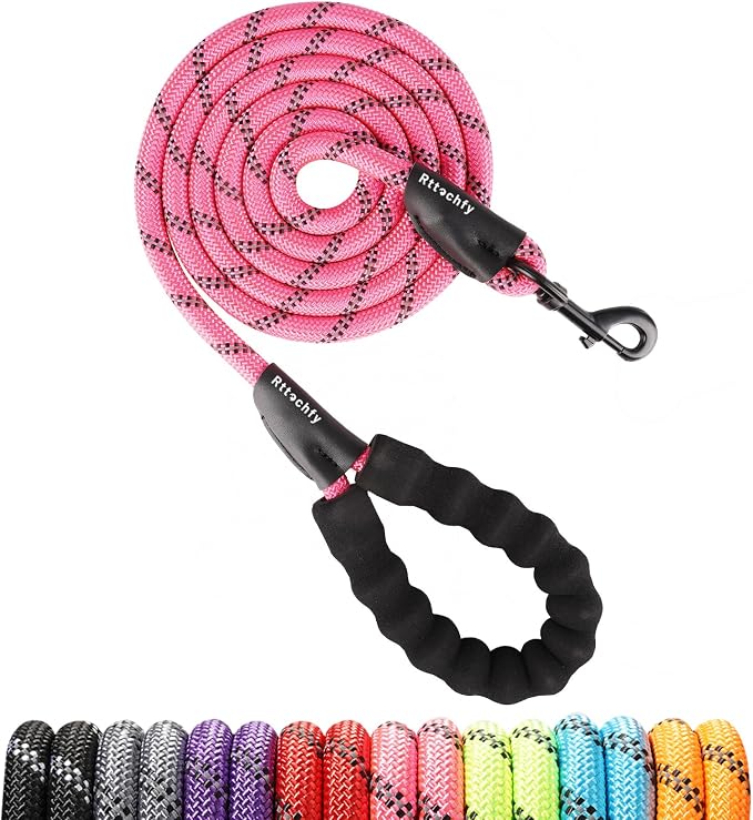 Rttochfy Rope Dog Leash 2/4/5/6/8/10 FT with Comfortable Padded Handle and Highly Reflective Threads for Small Medium and Large Dogs Heavy Duty (1/2"-10 FT, Pink) by Rttochfy