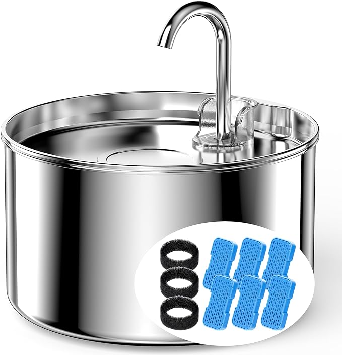 Cat Water Fountain Stainless Steel + 6 Filters + 3 Sponges - Pet Water Fountain 24/7 Keep The Water Fresh 74oz Capacity Ultra-Quiet No Sputter Compact Easy to Clean by UIOOQ