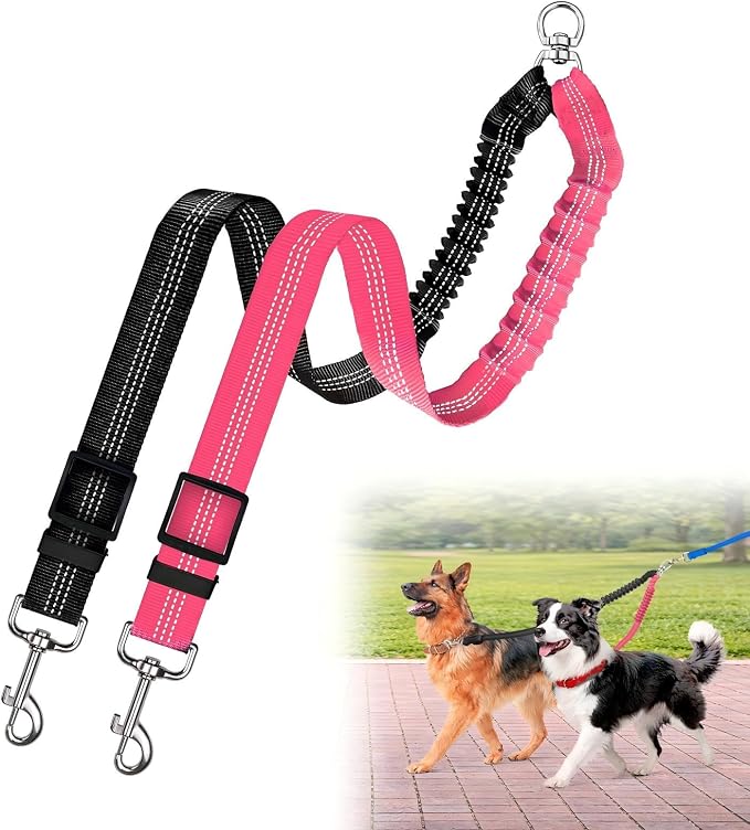 Double Dog Leash for Two Dogs, Professional No Tangle 360° Swivel Coupler with Shock Absorbing Bungee, Adjustable Length Dual-Sided Reflective Two Dogs Lead Splitter for Small Medium Large Dog by Caldzur