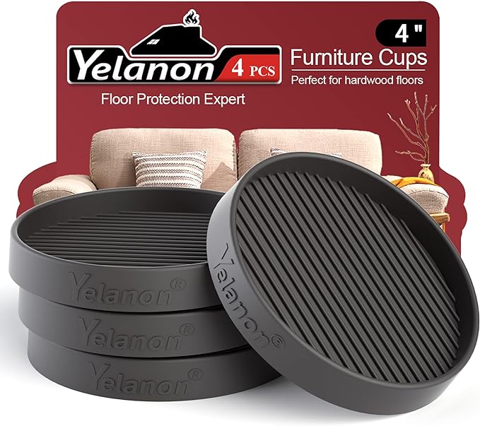 Yelanon Furniture Coasters - 4 Pcs 4”Round Furniture Caster Cups - Non Slip Pads Hardwood Floors Non Skid Grippers Rubber Furniture Feet - Anti Slide Floor Protector for Bed Couch Stoppers Black by Yelanon