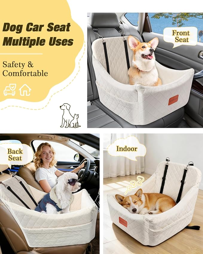 WOOAIDAGG Dog Car Seat for Medium Sized Dog,Pet Travel Car Bed with Seat Belt Channle,Fully Detachable and Washable Car Dog Seat with Adjustable Straps,3 Straps Easy to Install (Beige) - Image 5