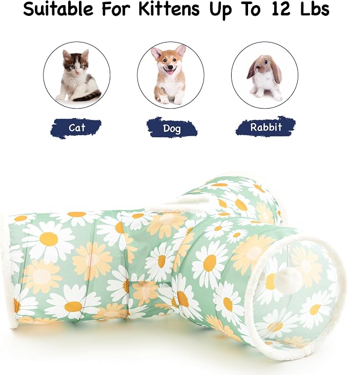 Tempcore Cat Tunnel for Indoor Cats, 3 Way Collapsible Pet Play Tunnel with Teaser Wand, Peek Holes & Hanging Ball, Interactive Tube for Kittens & Rabbits, Daisy Green Printed - Image 6