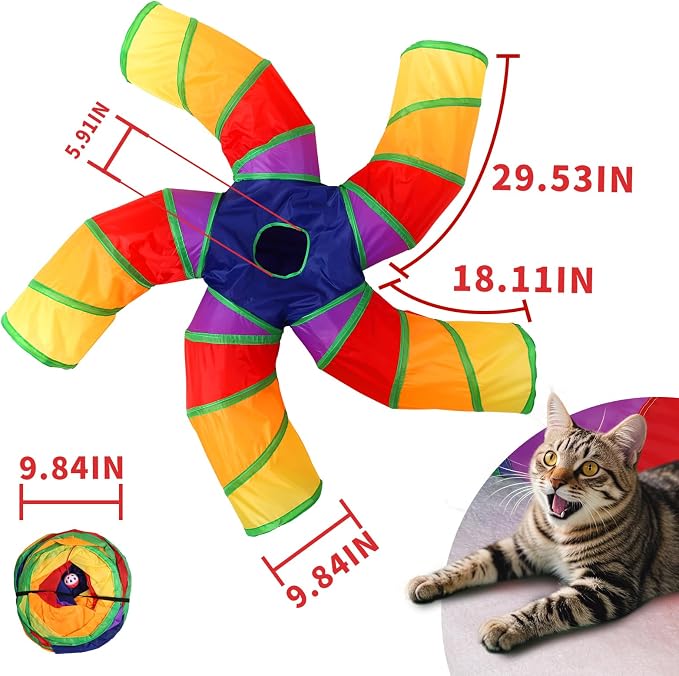 Pet Cat Tunnel, 5 Way Tunnels for Indoor Cats, Collapsible Pet Tunnel for Kitten, Puppy, Rabbit, 25cm-Wide Tunnels, Durable & Breathable, with Peek Hole Toy Ball - Image 7