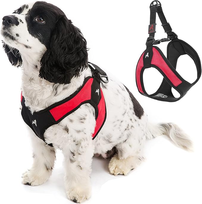 Gooby Escape Free Easy Fit Dog Harness, Step-in, Red, Large | Patented escape-free frame; Contracts if they back out; Step-in easy on/off; Machine washable; Light POM leash ring by Gooby