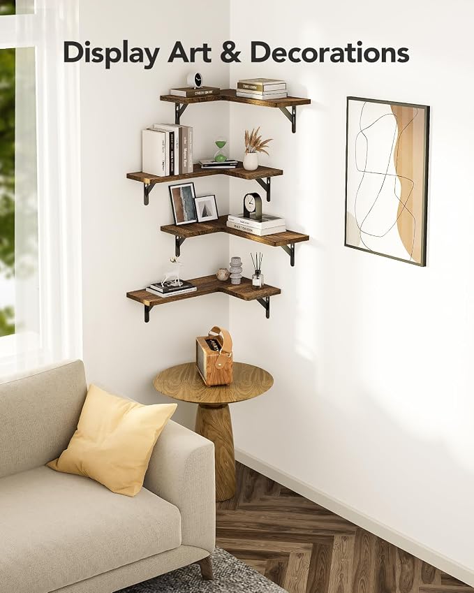 Amada Corner Floating Shelves, Paulownia Wood, Set of 4, Brown | Corner Wall Shelves with Triangular Metal Bracket, 44 lbs Capacity per Shelf, L-Shaped Design for Home Decor, Office, Bedroom - Image 5