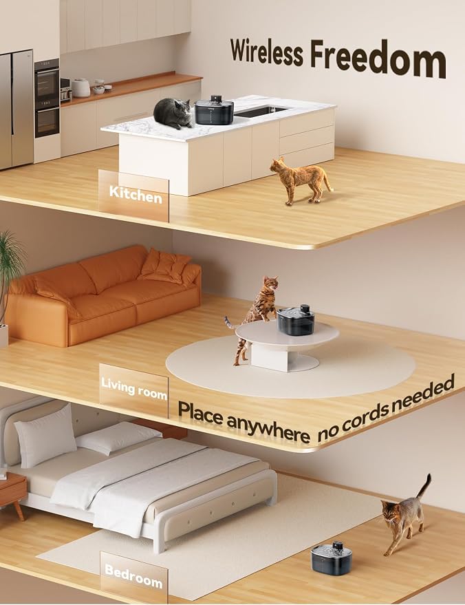 FEELNEEDY Wireless Cat Water Fountain, No Pump for Easy Cleaning, 4000mAh Detachable & Rechargeable Battery, Motion Sensor with Low Water & Power Alerts - Includes 6 Filters (4L/135oz) - Image 7