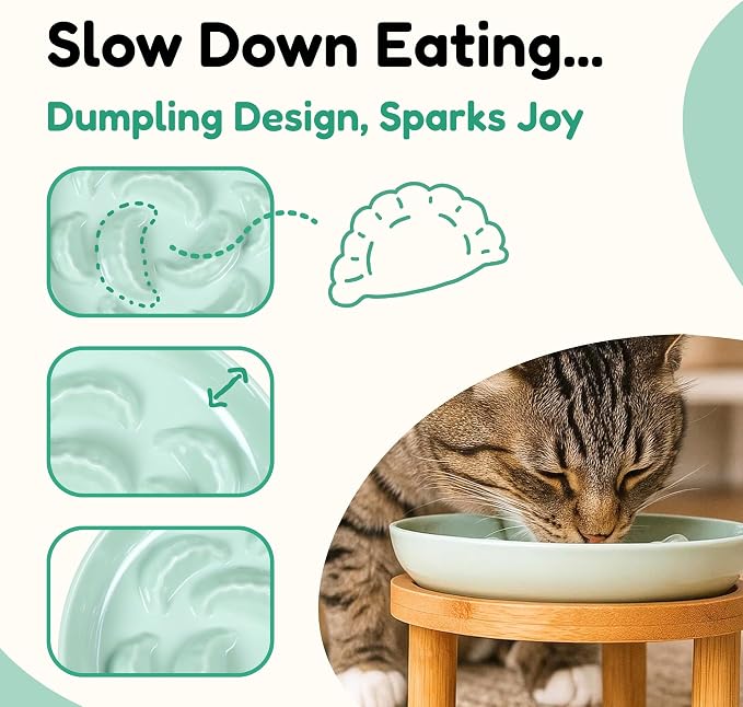 Slow Feeder Bowl, 6.3″ Elevated Cat Bowl with Stand, Melamine Wide Shallow Food Bowl, Whisker-Friendly Raised Plate, Wet Food Feeder for Slow Eating (Green) - Image 4
