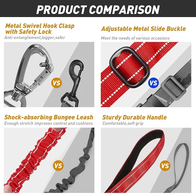 AUBELL Tactical Dog Leash Heavy Duty,4-6ft No Pull Bungee Leash,Red | Reflective Dog Leash for Medium Large Dogs with Comfortable Padded Double Handle,Car Seat Belt,360 Degree Rotating Carabiner - Image 5