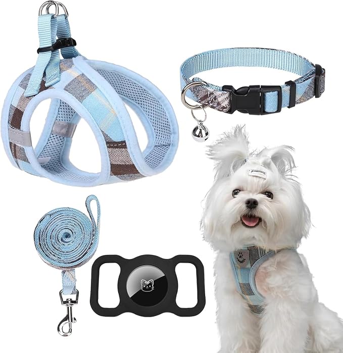 Classic Plaid Puppy Harness - Small Dog Harness and Leash Set - Dog Collar and Leash Set with AirTag Holder, Soft Padded Step in Dog Vest Harness No Pull Reflective for Outdoor, Blue XXS - Image 9