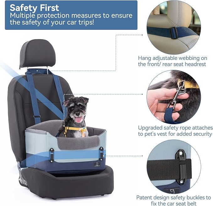 A 4 Pet Dog Car Seats for Small Dogs, Under 25 lbs, Patent Buckles | Adjustable leash, for travel/cars/SUV/pickup, pet bed for puppy & cat - Image 2