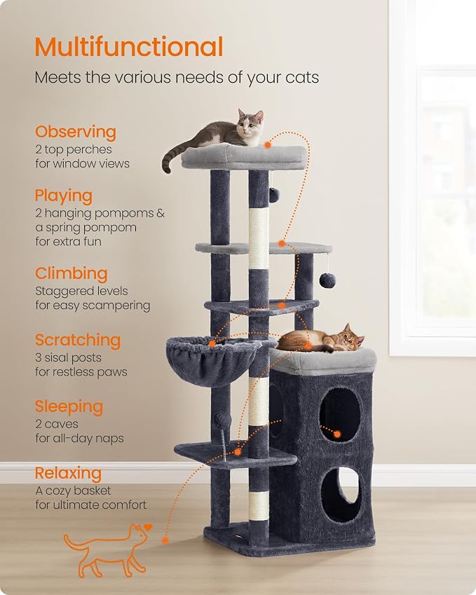 Feandrea Cat Tree Indoor, 60" Multiple-Level Plush Cat Tower, Dark Gray | 2 Caves, 3 Steps, 3 Scratching Posts, 3 Ball Toys, Cat Condo House for Large Adult Cats, UPCT007G02 - Image 6