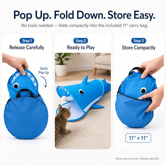 Blue Shark Cat Tunnel Toy, Collapsible Pop-Up Cat Play Tunnel with Interactive Hanging Ball & Storage Bag, Durable Polyester Interactive Cat Toy for Indoor Cats, Kittens - Image 5