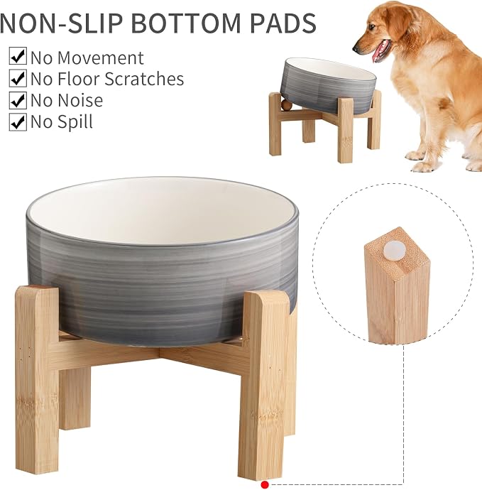 Elevated/Raised 15°Tilted Anti Slip Ceramic Dog Bowl for Small/Medium Breeds,Slanted Bulldog Big Face Pet Food Water Feeding Dish with Stand for Cats and Dogs (3.6 Cups/28 OZ) Grey White - Image 2