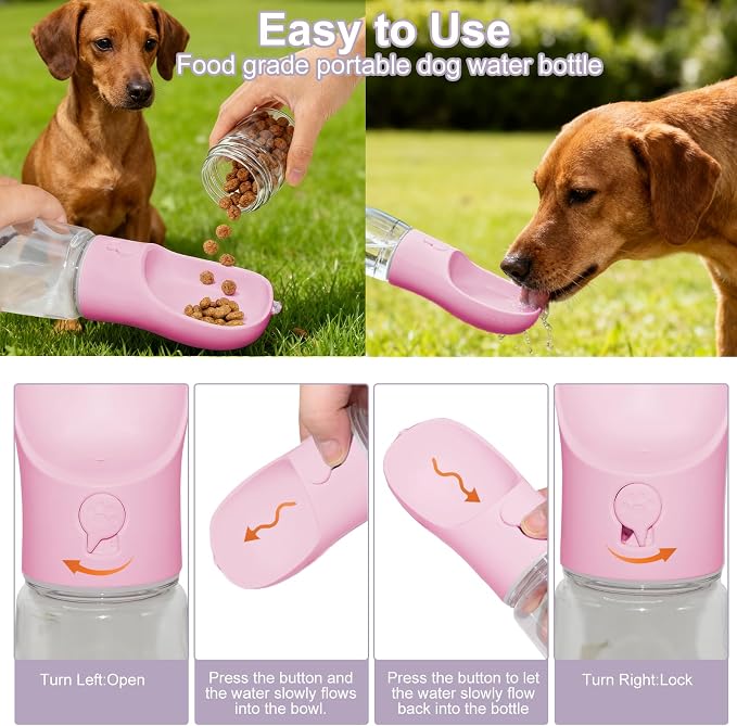 Portable Dog Water Bottle with Food Container, Drinking Bottle for Travel | 2 in 1 Dog Water Bowl, Leak Proof Pet Water Dispenser, BPA Free, Puppy Essentials, for Walking Hiking (Pink,19oz) - Image 4