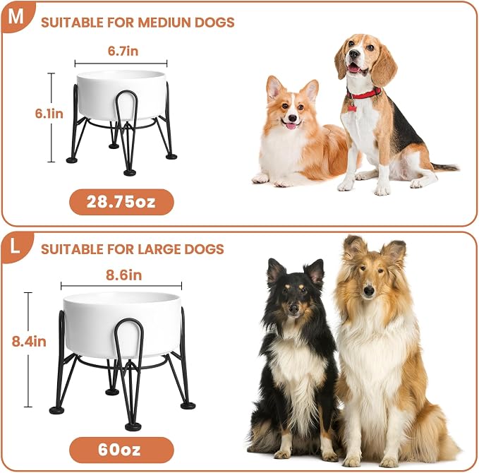 Elevated Dog Bowls, Ceramic Raised Dog Bowl Set with Anti-Slip and Non-Tip Metal Stand, 2 Pack Pet Food and Water Feeding Bowls for Small and Medium Dogs (White,3.6 Cups) - Image 3