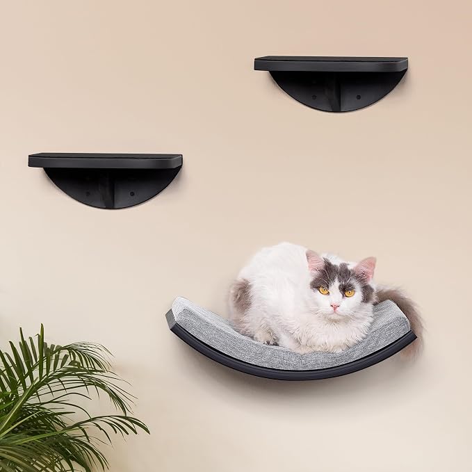 Curved Cat Wall Hammock Bed with Grey Foam Cushion – Floating Cat Wall Shelf Nest for Climbing, Sleeping & Lounging - Image 8