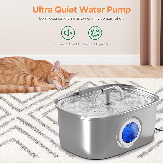Cat Water Fountain Stainless Steel: 108oz/3.2L Cat Fountain with 4 Filters | Pet Drinking Fountains for Cats Inside - Automatic Cat Feeding & Watering Supplies - Water Level Window - Image 5
