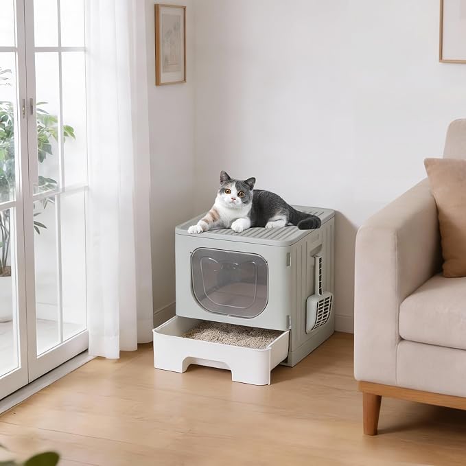 OLIXIS Cat Litter Box with Lid, Large Foldable Cat Box with Scoop, Front Entry Top Exit Kitty Litter Boxs with Door, Easy Cleaning Drawer Design Odor Control, Grey - Image 7