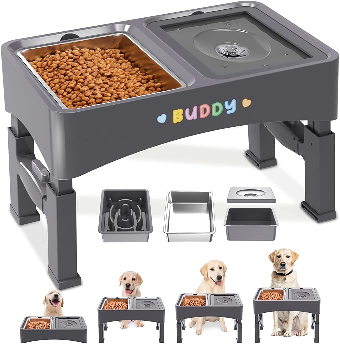 Decflow 3-in-1 Elevated Dog Bowls with 4 Height Adjustable Raised Stand | 304 Stainless Steel No Spill Water Bowl, Slow Feeder Dog Bowls, DIY Stickers, Pet Feeder Set for Small, Medium & Large Dogs by Decflow