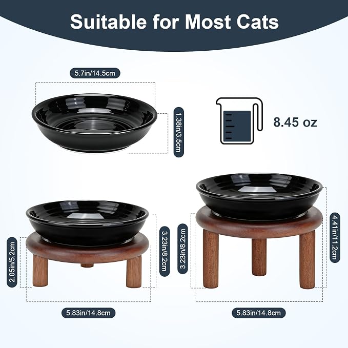 SPUNKYJUNKY Shallow Elevated Cat Bowl with Acacia Wood Stand Wide Raised Ceramic Cat Dishes Whisker Friendly Pet Food and Water Plates (Striped Pattern, 2 Pack, Black) - Image 2