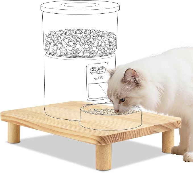 SZEE Cat Food Stand, Elevated Cat Feeder Stand for Automatic Feeder & Bowls | Lifted Cat Food Table Station, Raises Feeder/Bowl by 2 3/8", Relieves Spine and Joints Noticeably on Pets - Solid Pine Wood by SZEE