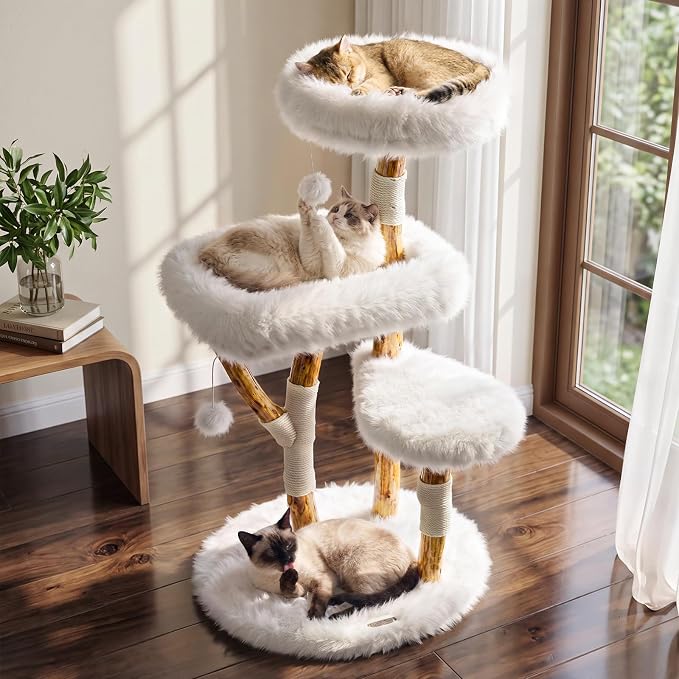Real Branch Cat Tree, Natural Wood Cat Tower for Indoor Cats | Real Tree Branches no Processed Wood, 44 lbs Capacity, Premium Faux Fur Perches, 23.6" Anti-Tip Base, 30-Min Assembly by Purrlato