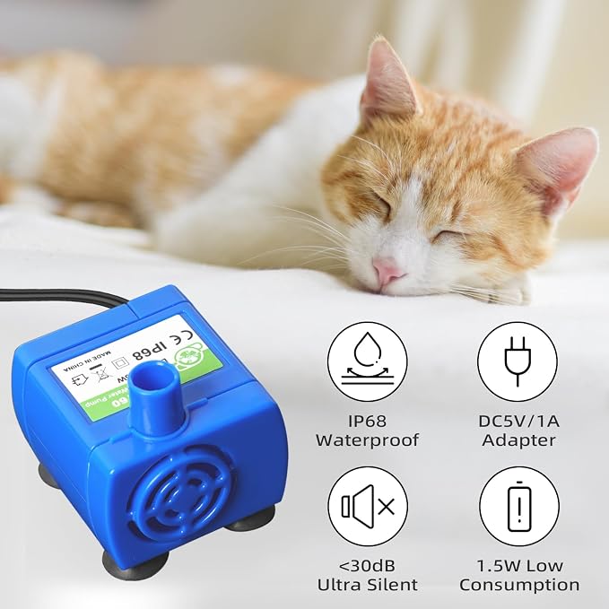 Cat Water Fountain Pump Replacement(No Led & with Brush)， DR-DC 160 | IP68 Submersible Water Motor For Stainless Steel & Ceramic Cat Water Fountain, Ultra Quiet Blue Pet Fountain Pump, Easy Clean - Image 5