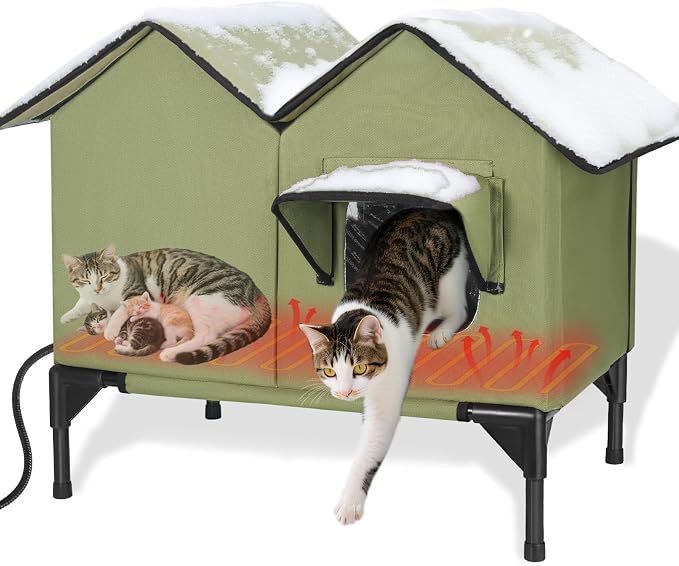 Heated Cat House for Outside Winter, Large Heated Outdoor Cat House Weatherproof, Elevated Bed, Escape Door, Insulated Outdoor Cat Shelter with Heater for Multiple Cats Feral Stray Kitty, Easy Setup by GUZROK