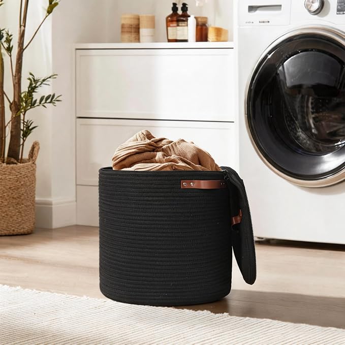 Storage Basket with Lid, 15"x13" Round Woven Blanket Storage for Living Room, Decorative Cotton Rope Hamper with Zipper Top, Black Laundry Basket with Lid, Floor Covered Kids Dog Toy Bin Box - Image 4