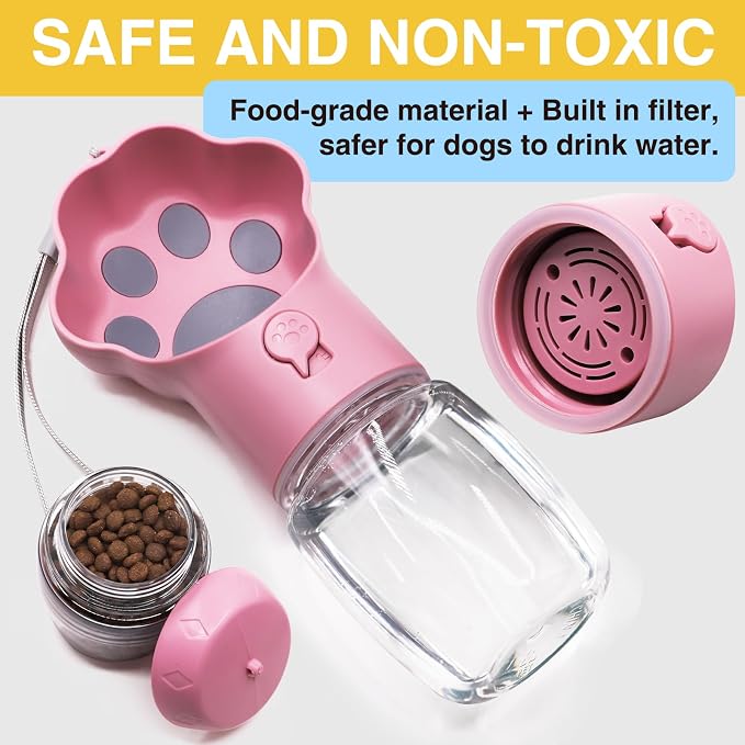 Dog Water Bottle with Food Container, Portable Pet Dispenser, Leak Proof, Hiking, Puppy Travel, Outdoor Activities(11.16 fl.oz/330ml, Pink) - Image 5