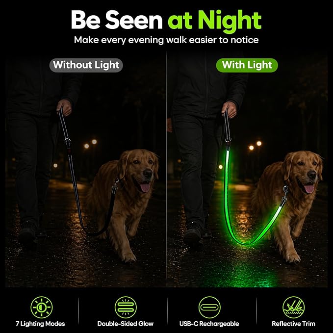 5 Ft LED Dog Leash, Light Up & Lighted Dog Leash, 7 Lighting Modes, Glow in The Dark, Reflective, Double-Sided Light, Rechargeable with Padded Handle for Night Walking Safety, Small to Large Pets - Image 5