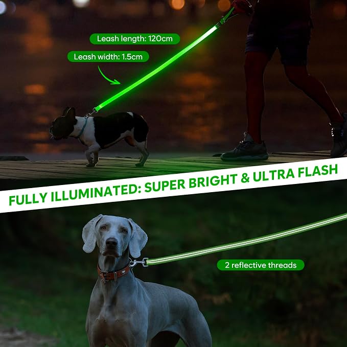 LED Dog Leash, 4 Ft Light Up Dog Leash USB Rechargeable Waterproof, Nylon Reflective Leashes with Padded Handle, Safety Glow in The Dark Pet Lights for Large Medium Small Pet(Green) - Image 5