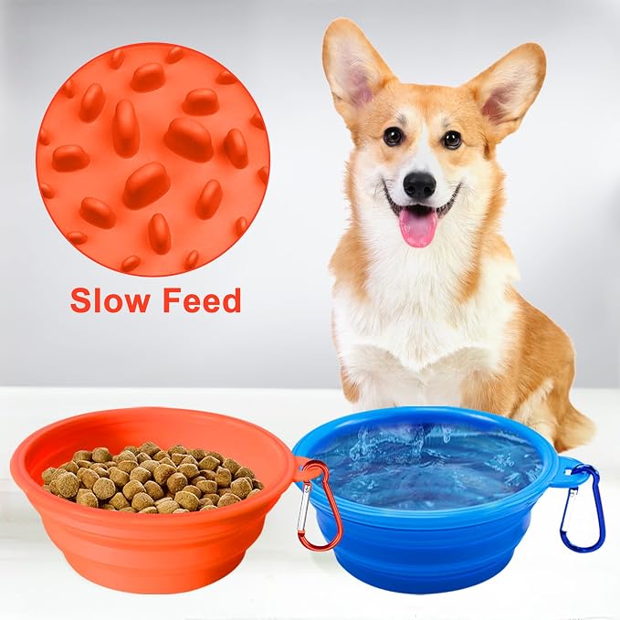Large Collapsible Dog Bowls (34oz), 2 Pack 2 Colors Pet Travel Foldable Bowl and Slow Feeding Frisbee with Carabiners, Healthy, Soft Silicone, Portable Essential Set for Walking, Travel, and Hiking - Image 7
