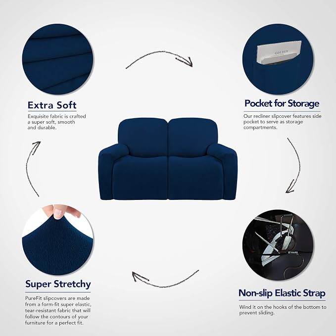 PureFit Super Stretch Loveseat Recliner Sofa Couch Cover with Pocket | 2 Seats Non Slip Soft Sofa Slipcover, Washable Reclining Furniture Protector for Kids, Pets (Recliner Loveseat, Navy) - Image 3