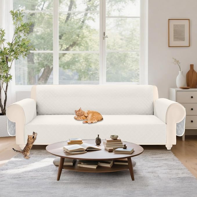 Velvet 100% Waterproof Couch Cover for Dogs Washable Sofa Covers for 3 Cushion Couch Pet Friendly Sofa Slipcovers Set Non Slip Quilted Furniture Protector with Pockets (Large, Ivory) - Image 6