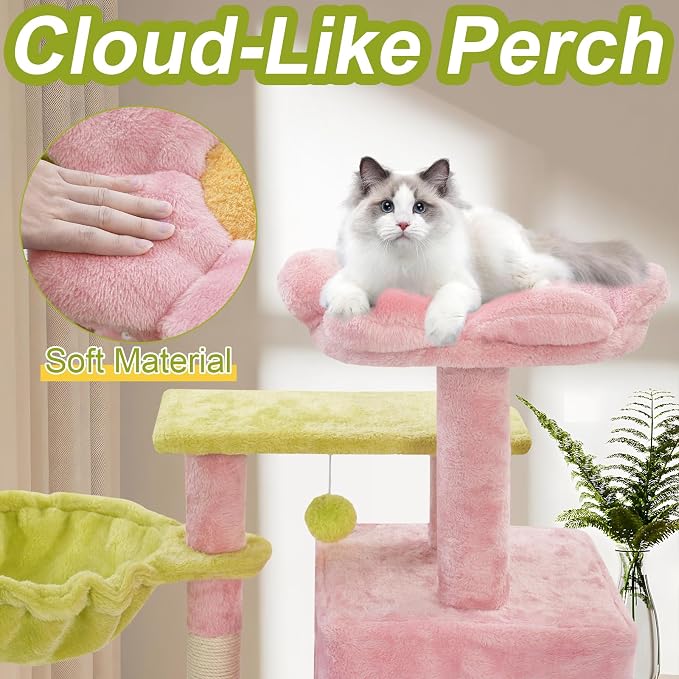 Cat Tree Tower with Hammock,40" Cat Trees for Indoor Cats Large Adult(Pink) | Modern Cat Tree Tower with Scratching Post, Cats Condo Furniture with Cloud Top Perch, Cats Climbing Tower for Kittens - Image 4