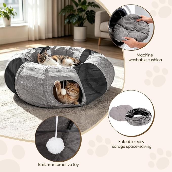 Ownpets Collapsible Cat Tunnel Toy - 2-in-1 Interactive Play Tunnel for Cat up to 18 lbs, Tear-Resistant Mesh, Fold to 2 Inches Thick, Portable Cat Exercise & Entertainment Tunnel, 10" Diameter, Grey - Image 6