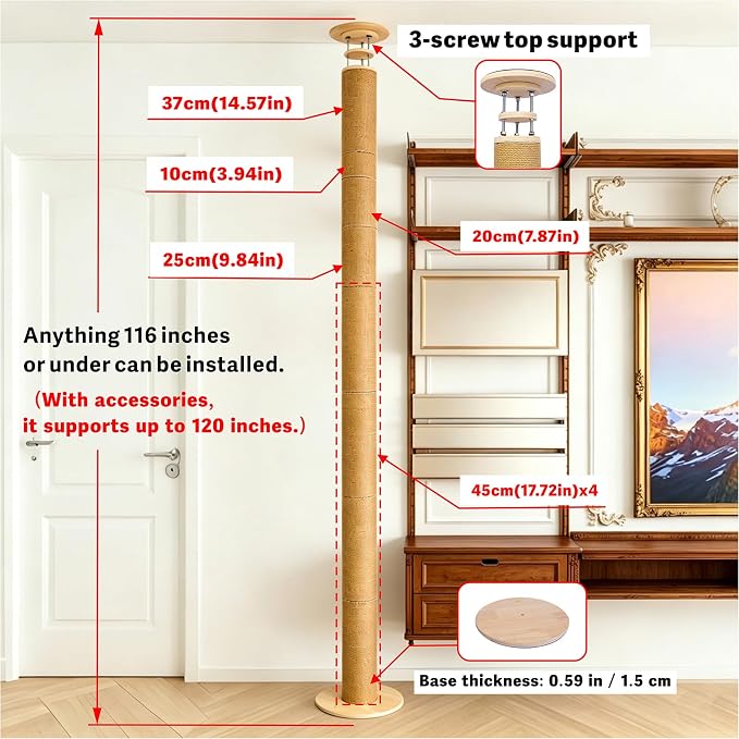 Floor to Ceiling Cat Scratching Post Tree, Adjustable Height 40in-120in Tall PVC Cat Climbing Pole, Sturdy Cat Activity Tower for Indoor Cats to Climb, Scratch & Play - Image 2