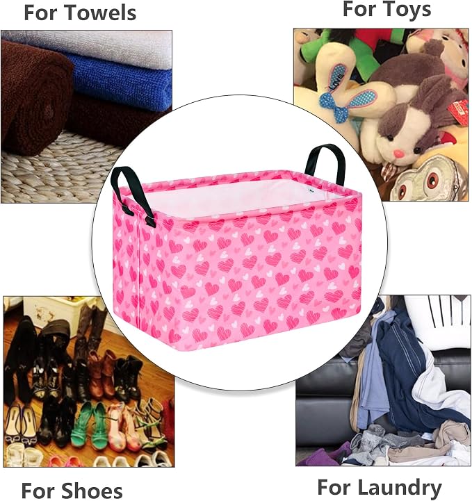 MAIZMZ Girls Storage Basket Heart Print Storage Cube for Women, Closet Shelf Organizer Bins Empty Gift Basket with Handles Girls Nursery hamper Kids Toys Books Box Room Deco - Image 6