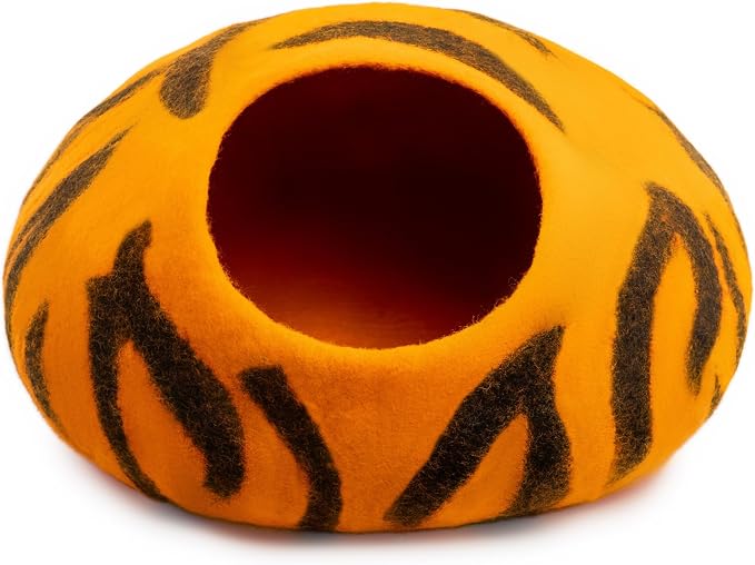 Luxurious Merino Wool Cat Cave - Foldable Hideaway Pod for Indoor Cats - Premium Felt Kitten Pet Enclosure - Covered Cat House for Ultimate Cozy Comfort by Woolygon (Tiger) - Image 6