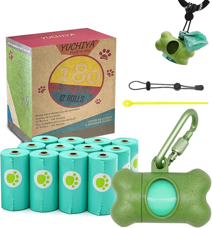 Dog Poop Pickup Bags Holder Dispenser with Leak-Proof Scented Doggy Waste Bags and Carabiner with Safety Lock Plus Hook and Loop Fastener Never Loose on Leash Lead Again (1 Holder 195 Bags, Green) by YUCHIYA
