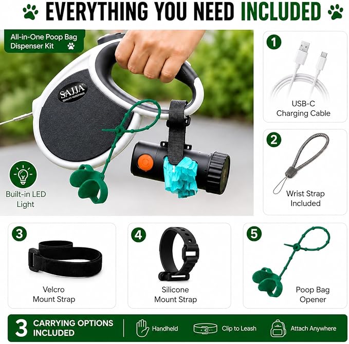 Smart Poop Bag Holder With LED Light - No Batteries Needed - USB-C Rechargeable Special Retracting Function Compact Durable Lightweight Perfect Pet Gift with poop bag opener - Image 6
