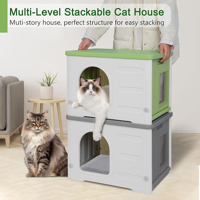 Plastic Cat House Outdoor & Indoor, Waterproof Feral Cat Houses with Escape Door, Sturdy Outdoor Cat House with Bed Mat, Outside Cat Shelter for Small Pet, Assemble and Clean Easily-Green - Image 5